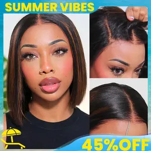 【 Put On and Go 】Yaki Straight Highlight Mix Color Short Bob Human Hair 4x4 Closure Wig Human Hair 180% Density Pre-Cut Lace Pre Bleached Tiny Knots Glueless Wig Highlight Natural Hair  100% Human hair#Summervibes