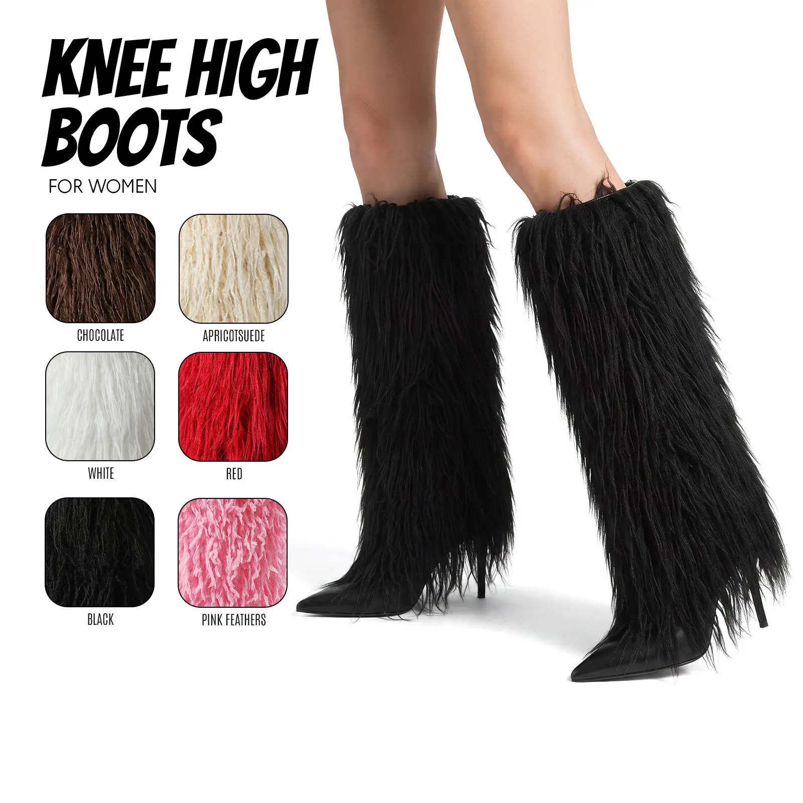 Faux Fur Boots For Women Knee High Boot Pointed Toe Stiletto High Heel Hidden Zip Closure Long Plush Fur Fashion Boots Party Club Festival Dress Girl Trendy Boots