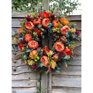 Fall Peony & Pumpkin Wreath – Autumn Floral and Halloween Pumpkin Door Decoration
