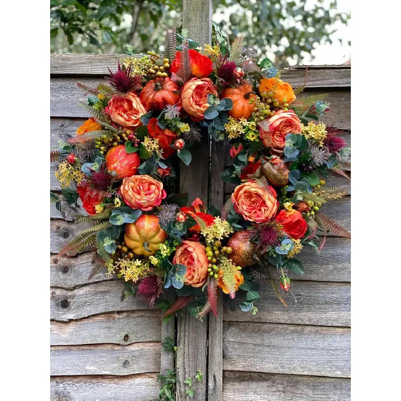 Harvest Theme Round Synthetic Fall Peony & Pumpkin Faux Floral Wreath - Halloween Door Ornament, Indoor/Outdoor Home Decor, Luxurious Look, Ideal for Gifting