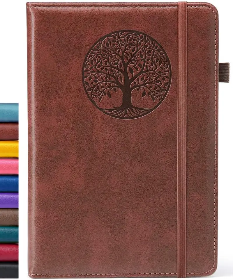 A5 Hardcover Leather Lined Journal Notebook - Modern New Leather Design, Pen Holder Loop, Rounded Corners, for Writing, Work (Brown)