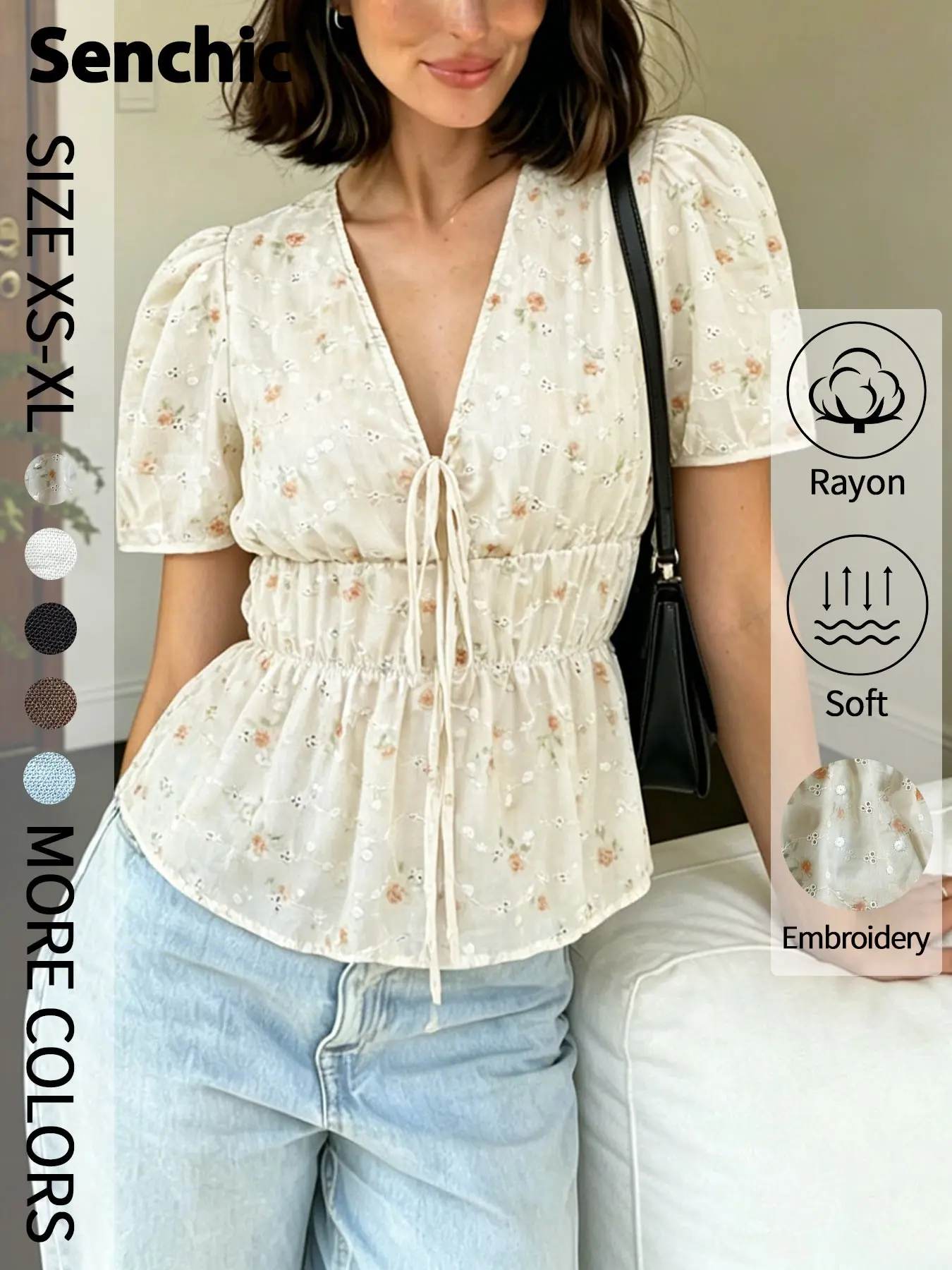 European and American Style Fashion Chic Embroidery Print Bubble Sleeve Design Top, Elastic Waist Tie Short Blouse Shirts, Trendy Women's Clothing, Blouse Tops