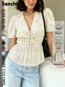 European and American Style Fashion Chic Embroidery Print Bubble Sleeve Top, Elastic Waist Tie Short Blouse Shirts, Trendy Women's Clothing