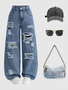 Girls' High Waist Jeans with Frayed Hem, Casual Wide Leg Denim Jeans, Embroidered Slim-Fitting Style for All Seasons