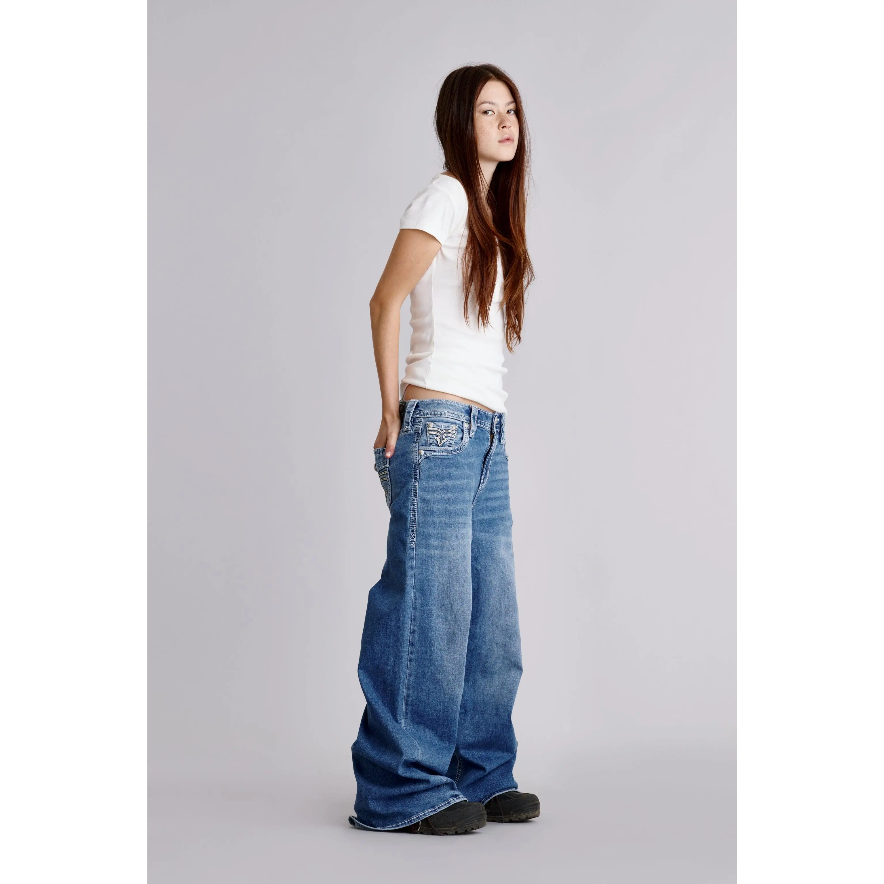 rr Women's Alivia Soft Oversized Baggy Jeans - Medium Wash, Wide-Leg with Leather Accents & Embroidery