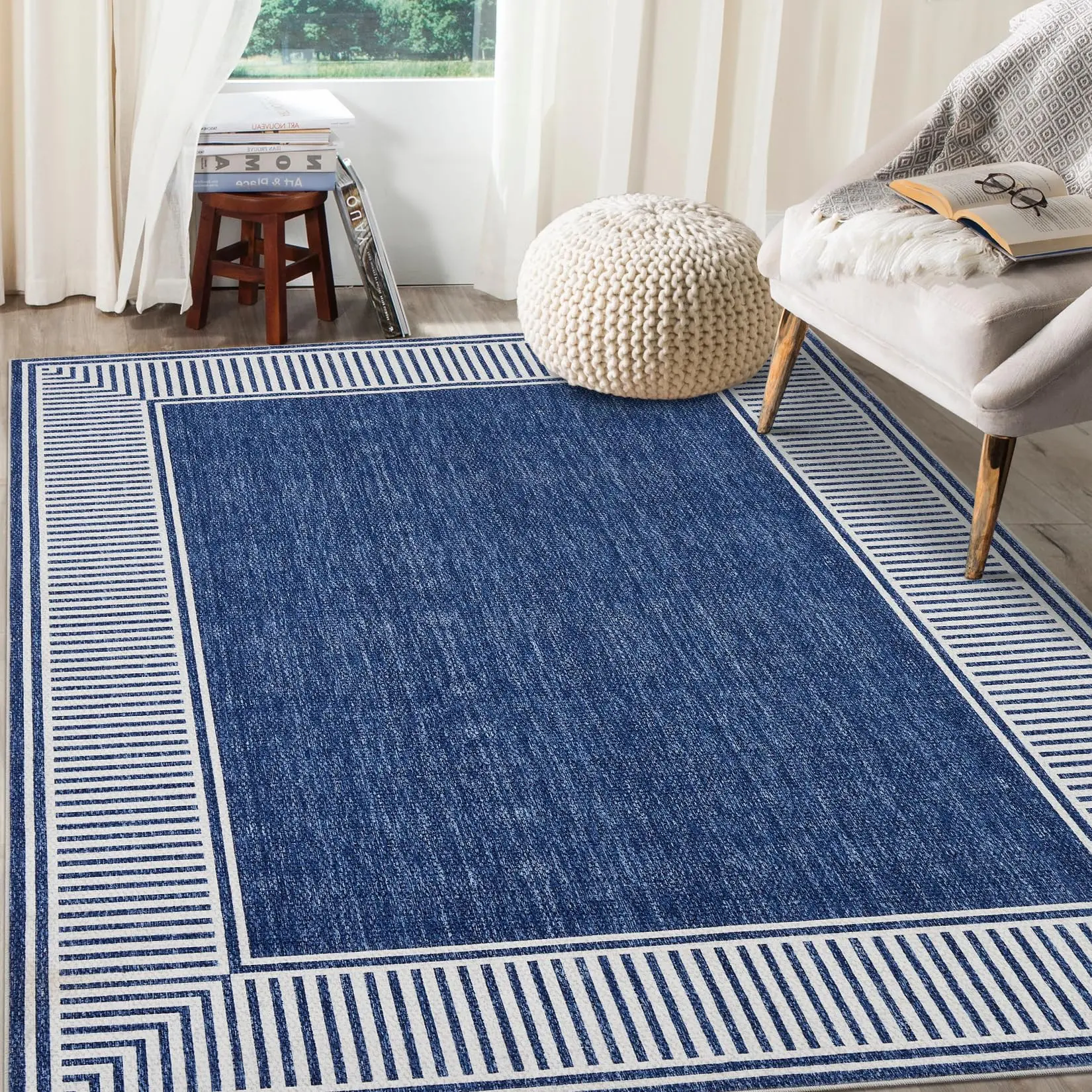 GARVEE Washable Rug 5x7 for Bedroom Large Living Room Rug with Rubber Backing Casual Striped Border Throw Carpet Modern Contemporary Area Rug for Dining Room Nursery Entry, Blue