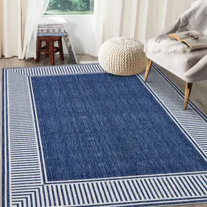 GARVEE Washable Rug 5x7 for Bedroom Large Living Room Rug with Rubber Backing Casual Striped Border Throw Carpet Modern Contemporary Area Rug for Dining Room Nursery Entry, Blue