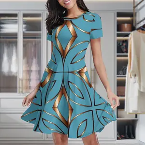 Women's Geometric Metallic A-Line Dress, Teal Luxury Bounce Dress, Elegant Halter Neck (Round Neck Option), Chic Comfortable Flowy Fabric, Above-Knee Length, Vintage Print Summer Outfits, Casual Cocktail Formal Wear tiktokshopspringglowup