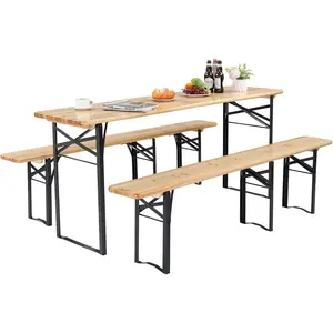 Karlhome 3pcs 4/6FT Folding Picnic Tables with Benches Set, Weather-Resistant Wooden Beer Garden Table Bench, 3-Piece Portable Fold Up Camping BBQ Table w/Carrying Handles,Natural Wood Color