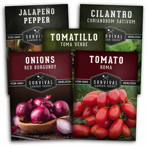 Salsa Ingredients Seed Collection - Non-GMO Tomato Seeds, Onions, Red Burgundy, and Jalapeno Pepper Seeds for Survival Garden Use