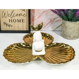 Ebros Mermaid with Three Golden Clam Shells Jewelry Dish Holder Figurine 9" L Art Nouveau Decor