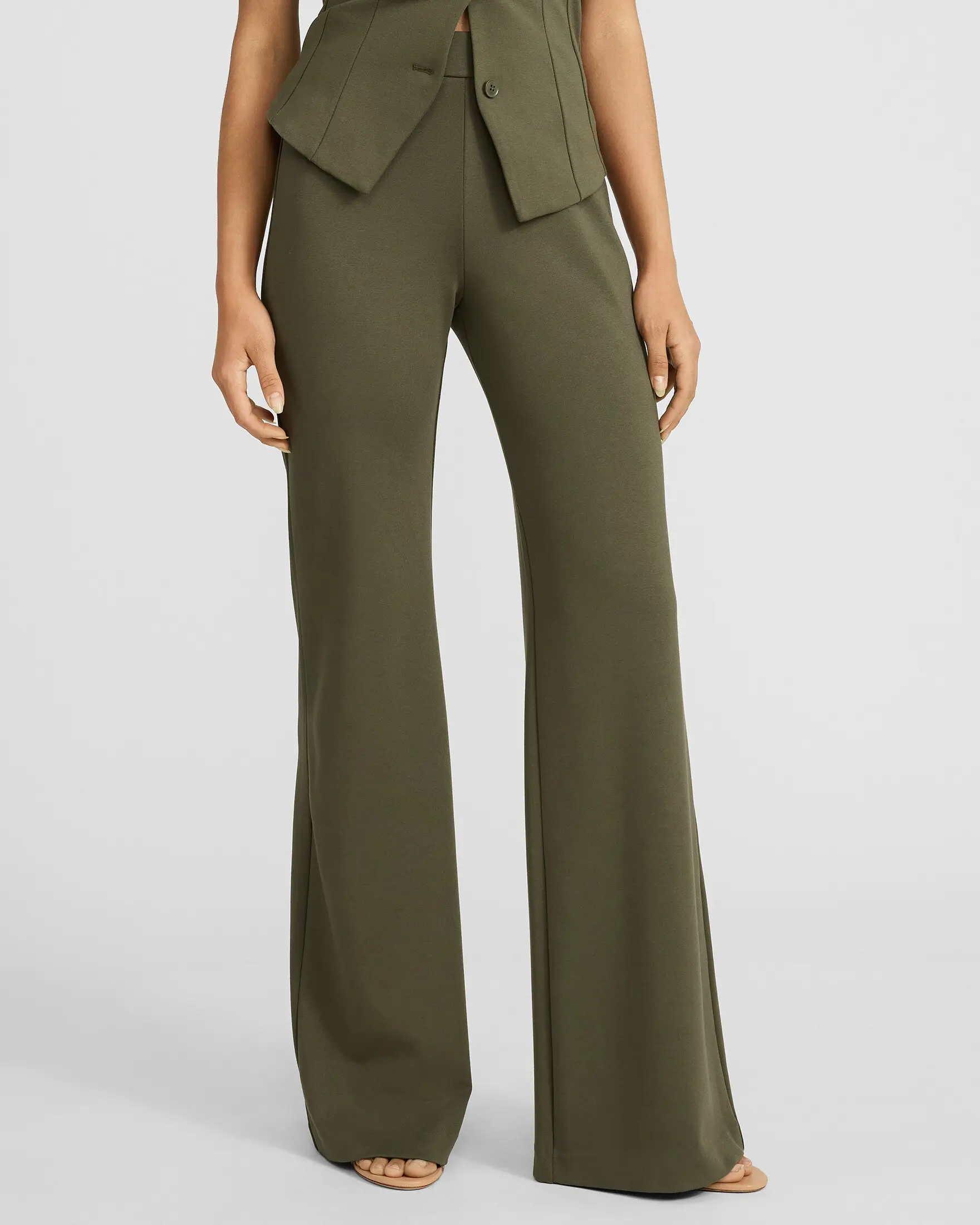 Express Pull-on Signature Ponte Olive Green High Waisted Flare Trouser