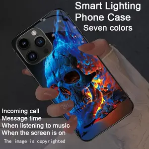 A stylish, colorful, and voice-activated flaming skull case with a light-up design. Compatible with iPhone 16-12 models. Features voice-activated luminous technology, dazzling drop protection, glow-in-the-dark design, and a colorful Halloween design. Shoc