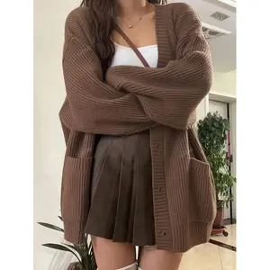 Women's Knitted Cardigan Sweater Brown Long Sleeve V-Neck Casual Loose Fit Polyester Regular Length Front Button Autumn Winter Style unisex crewneck sweatshirt