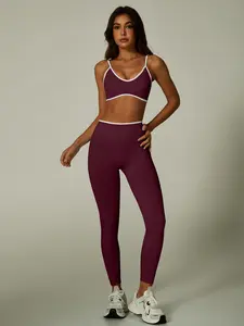 MIA PRISTINE Set Seamless Contrast Color Halter Neck Sexy Backless Padded S Shape Sleeveless Top with High Waist Butt Lifting Yoga Pants Nylon Fabric for Gym Yoga Running Workout