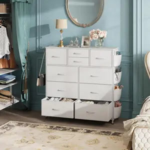 Fabric Dresser with 10 Drawers for Bedroom, Storage Cabinet with Side Pockets & Hooks, Sturdy Metal Frame Organizer for Clothes, Bedroom or Wardrobe