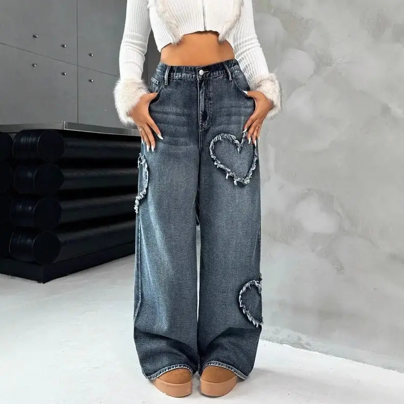 Street-style Washed-and-distressed Loose Straight-leg Pants