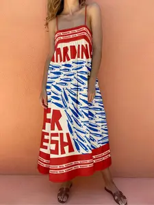 Vintage Style Sardine Print Long Dress, Sleeveless Spaghetti Strap A-Line Bow Tie Women's Dress, Casual Wear Everyday Dress Fitted Fashion, Womenswear Summer