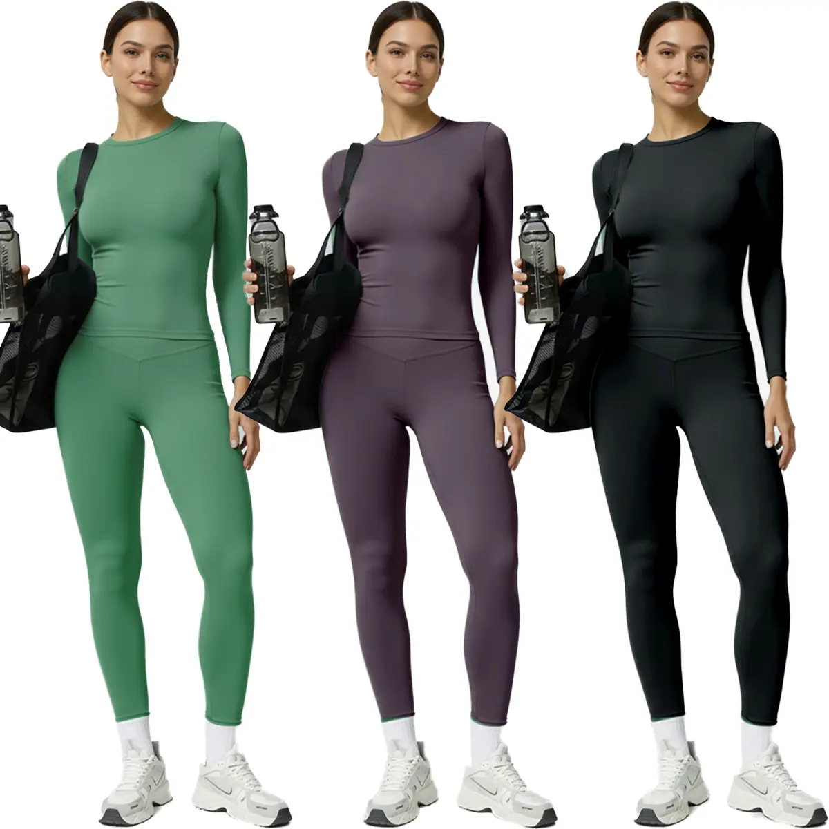 Women's 2-Piece Nylon Activewear Set - Female Crew Neck Long Sleeve Athletic Top, High-Waisted Leggings, Lightweight Breathable Moisture-Wick Casual Gym Wear for All Seasons, Strength Training, Fitness Clothes, Athletic Sports Clothing, Sweat Sets