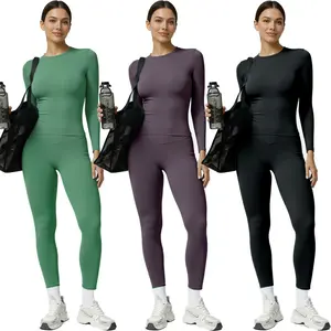 2 Piece Women’s Workout Set – Long Sleeve Athletic Top and High-Waisted Leggings Suits Womenswear Clothes Crew Neck Fitted Fitted