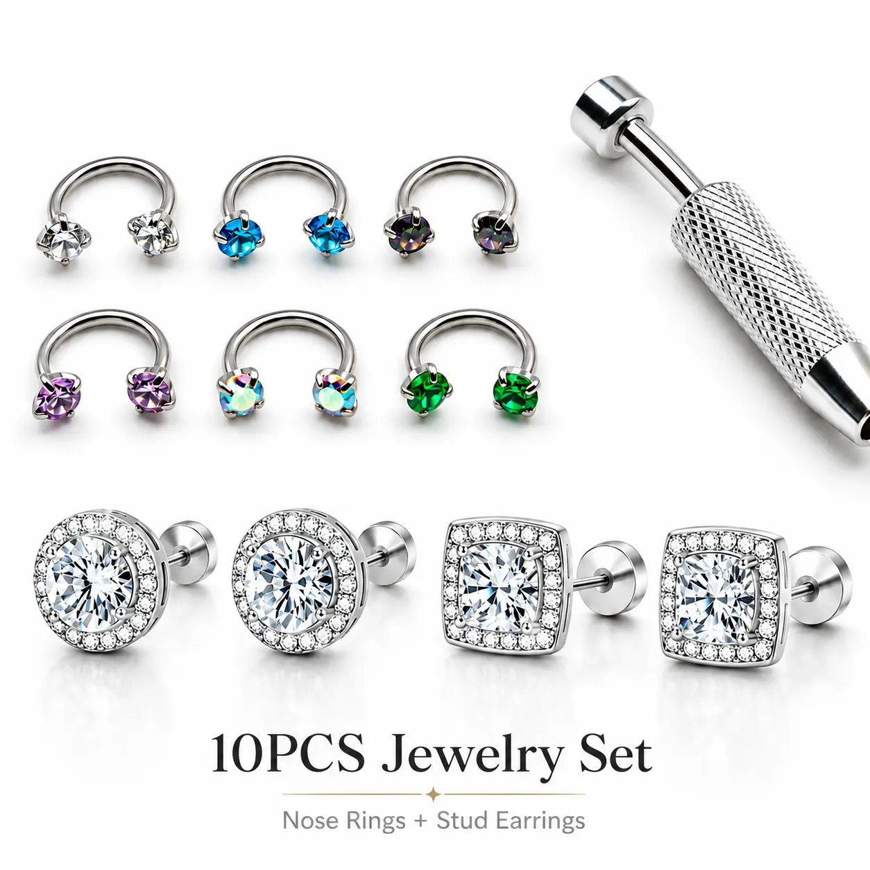 Sparkly CZ Nose Rings Set, 10-Piece Hypoallergenic Hoop & Stud Piercing Jewelry with Multi-Color Crystals for Women