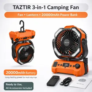 TazTir 20000mAh Portable Camping Fan with LED Lantern – Dual Motor Strong Airflow, Stepless Speed Control, USB/Type-C Fast Charging, 45° Adjustable Outdoor Tent Fan for Camping & Travel USB-C