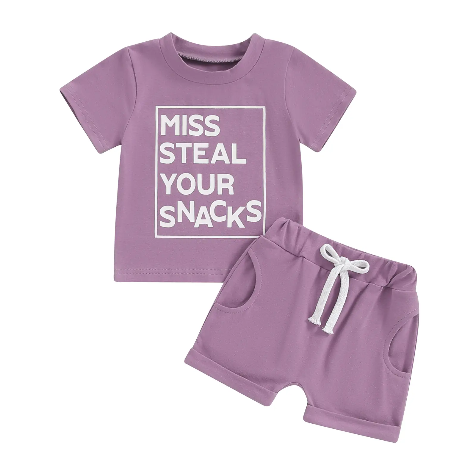 Toddler Baby Girl Summer Clothes Miss Steal Your Snacks Short Sleeve Tops Solid Color Shorts Set Cute Infant Outfit