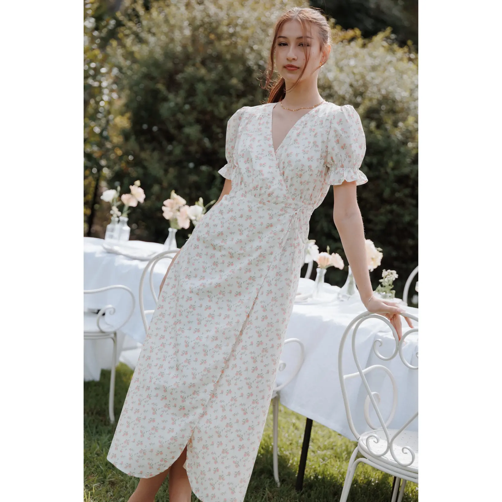 Mabella Midi Dress - Peach Ditsy Floral