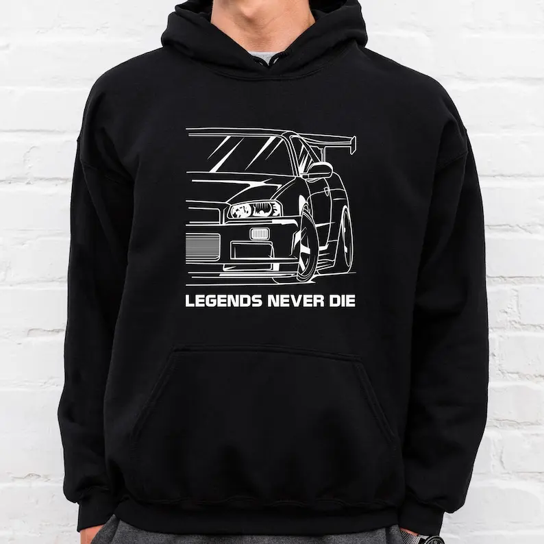 Men's Pure Cotton Casual Graphic Hoodie Sweatshirt - JDM Twin-Turbo Sports Car Skyline Theme Print, Sporty Chic Fitted Long Sleeve Menswear Clothes in Standard Sizes