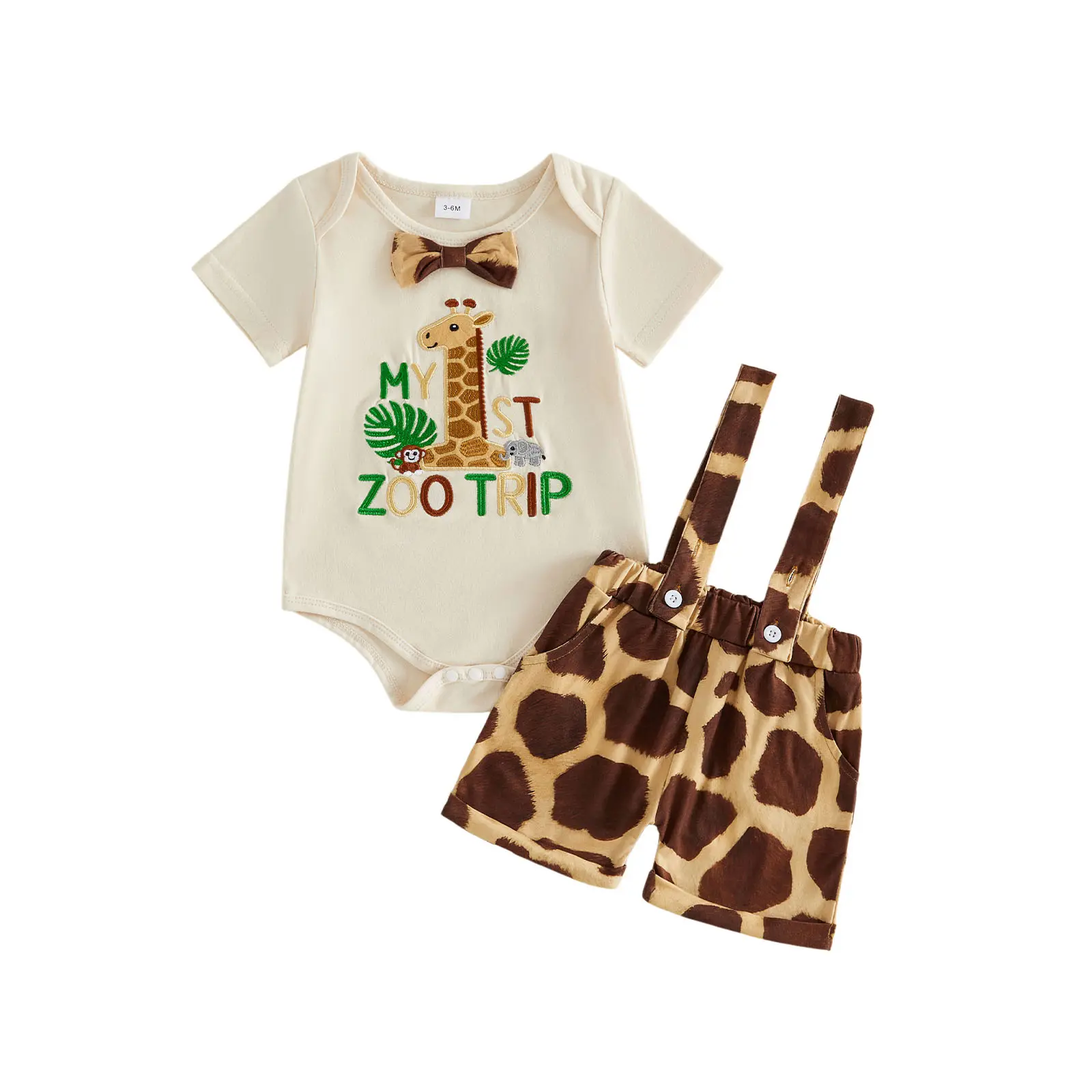 Newborn Baby Boys 2-Piece Clothing Gift Set - Cotton Blend Casual Wear, Short-Sleeve Bowtie Zoo Embroidery Romper & Suspender Shorts, 0-12 Months