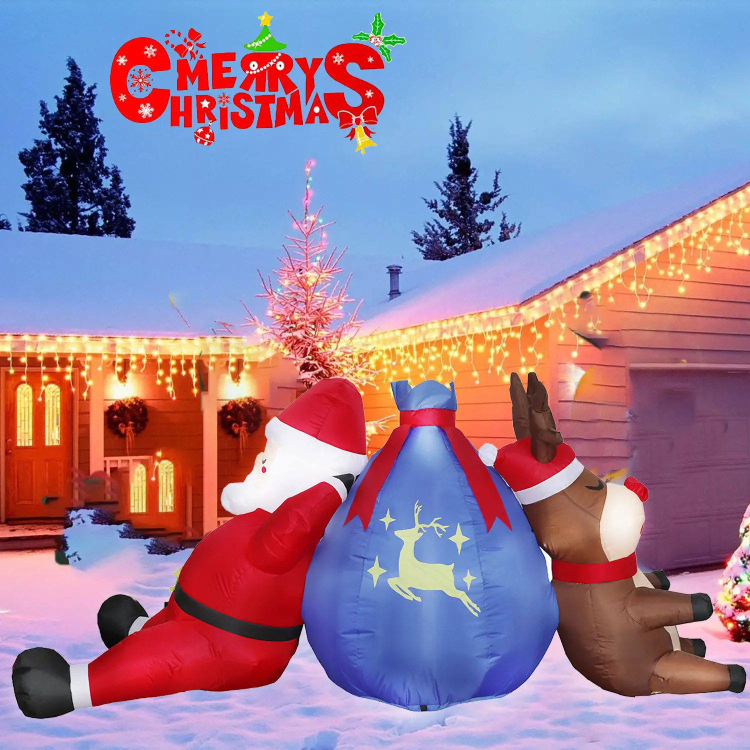 8FT Polyester Christmas Inflatable Santa & Deer Outdoor Decor with Fan, LED Lights & Gift Bag - Blow Up Yard Decor for Lawn, Garden Holiday Party Supplies