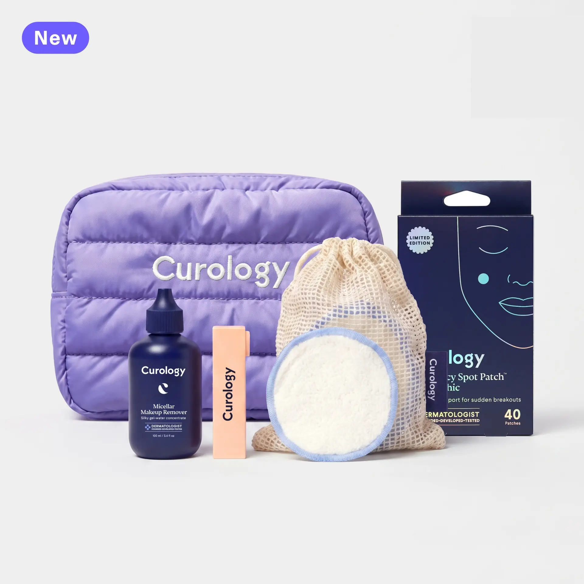 Curology Festival Fix Kit | Micellar Makeup Remover + Holographic Acne Patches + Lip Balm + Reusable Cotton Rounds Skin Repair Shea Silky Oil Water Proof Makeup Sets