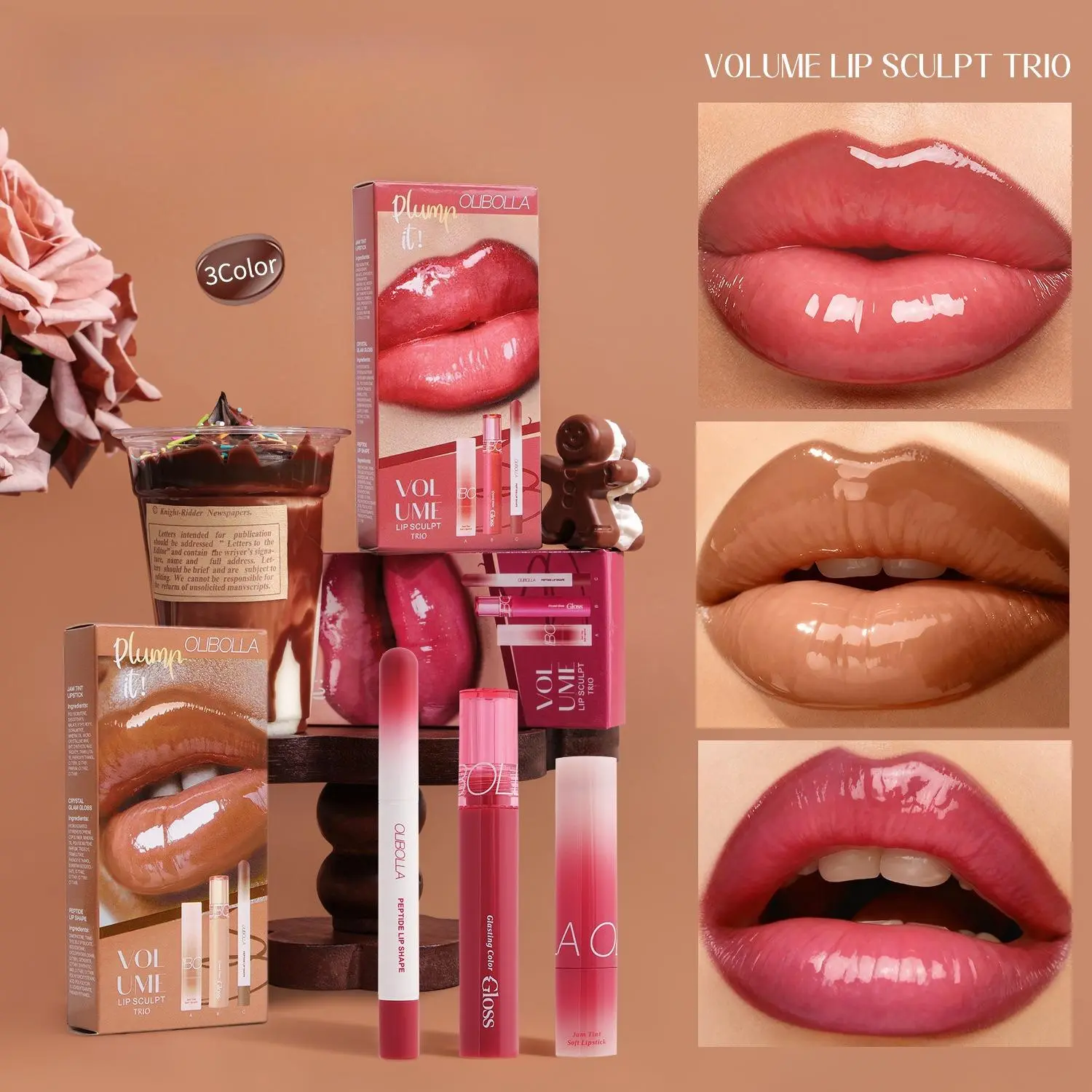 3Pcs Glossy Lip Set: Lipliner + Glass Lip Gloss + Mirror Shine Lipstick,  All-Day Wear Smooth Texture Long-Lasting Lip Kit, Perfect Nude Lip Combo for Daily Wear makeup style brand