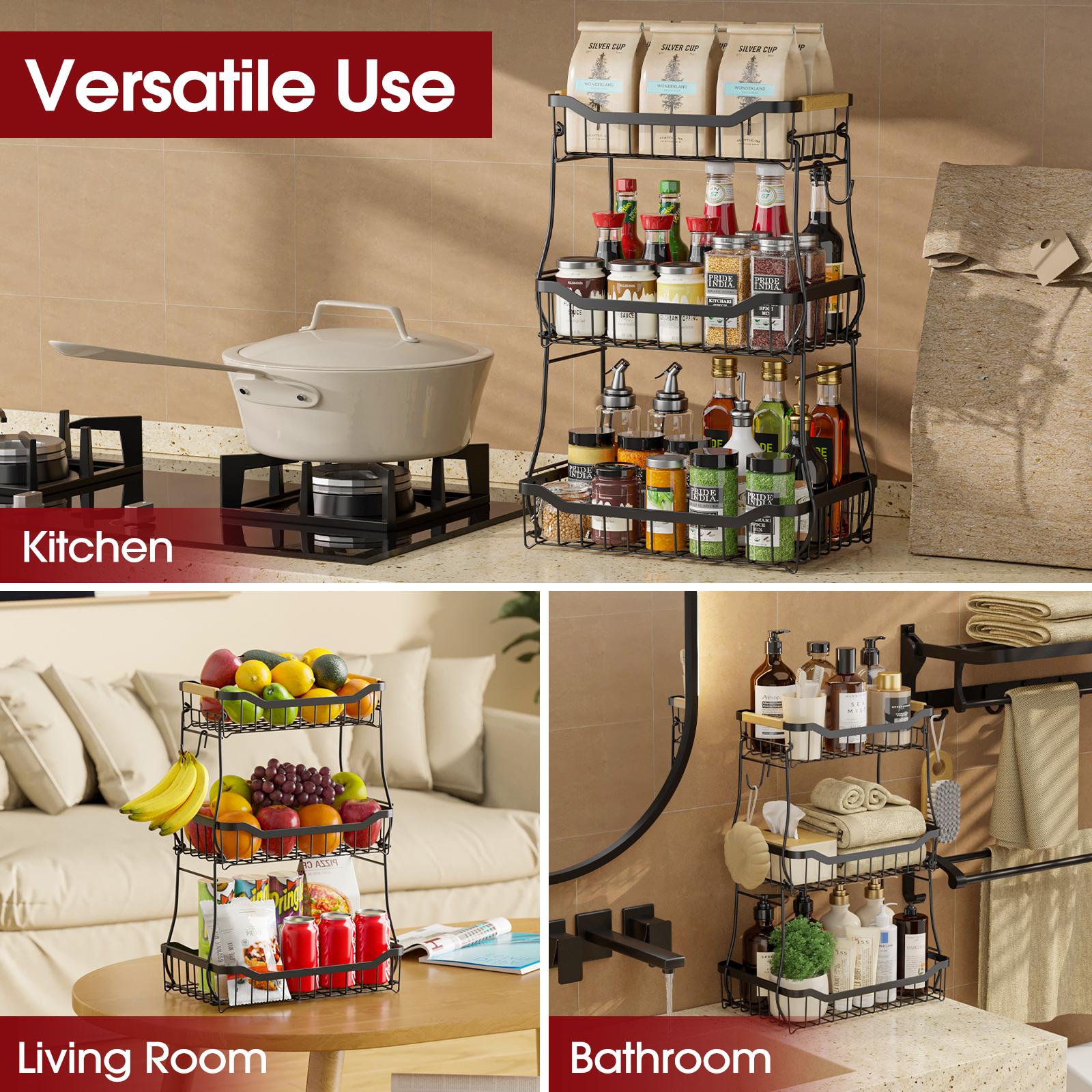 2/3 Tier Square Fruit Basket Stand, Durable Metal Countertop Fruit and Vegetable Basket Organizer with Space Saving Stackable Design, Large Capacity Storage for Fruits, Snacks, Bread and Produce, Stylish Kitchen Counter Organizer for Home