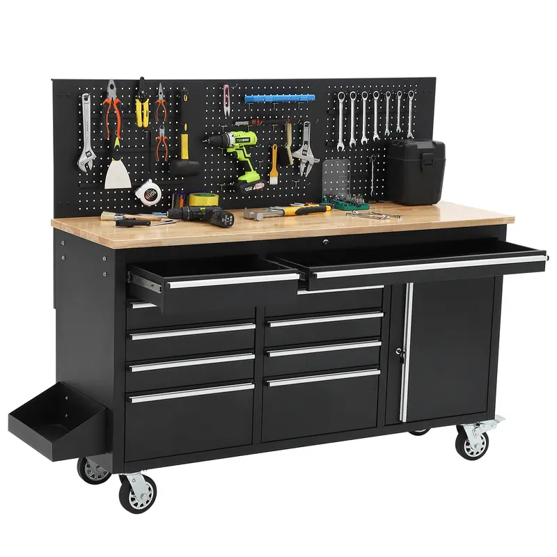 GAOMON Tool Chest, 61-Inch 10-Drawer Storage Cabinet with Rubber Wood Work Surface, Rolling Steel Tool Organizer for Professional Workshops & Home Garages, Black