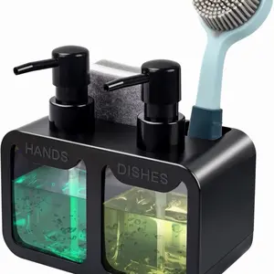 Kitchen Hand Soap and Dish Soap Dispenser Set, Dual Soap Dispenser with Sponge Caddy and Brush Holder 4-in-1 Organizer for Kitchen Sink Countertop, Useful Kitchen Gadgets - Black