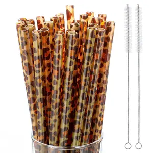 10/20/30 Pack Leopard Print Iced Coffee Straws, 9 Inch Food Grade Straws with Cleaning Brush, Easy to Clean Trendy Straws for Home Coffee Bar, Kitchen, Office, Car, Smoothies & Party Drinks
