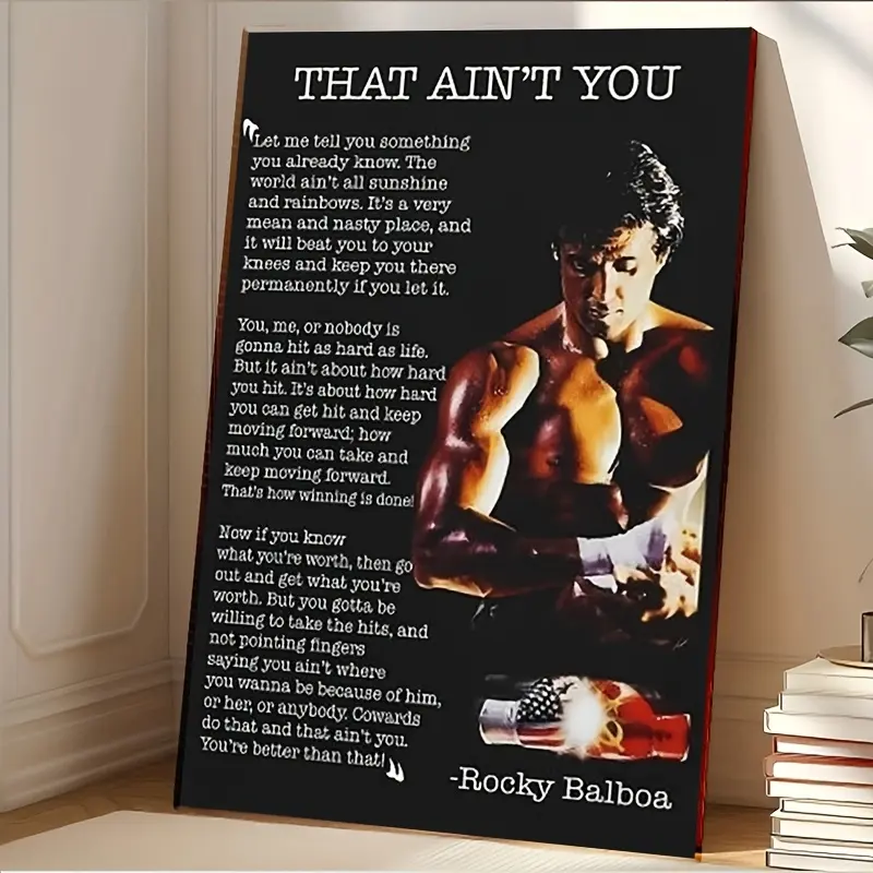 Rocky Balboa Motivational Quote Framed Pine Wood Print Canvas Art - Vintage Boxing-Themed Decoration, Indoor Home & Office Wall Artwork, Hand-Packed Home Decor Supply