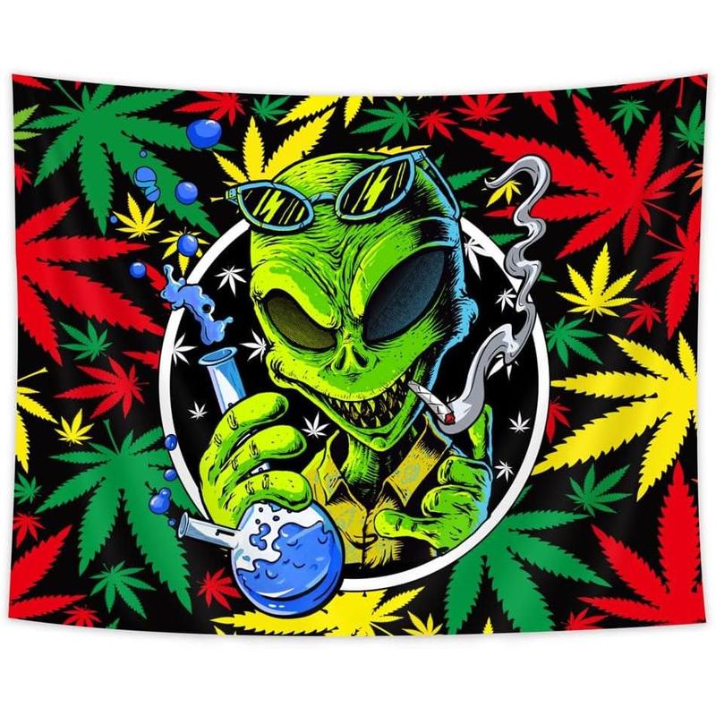 60in x 40in tapestry Wathon Trippy Weed Marijuana Tapestry, Cool Alien Marijuana Leaf Wall Tapestry for Bedroom, Psychedelic Tie Dye Stoner Tapestries for Men Aesthetic Hippie Wall Art Poster Dorm Home Decor