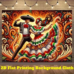 2D Flat, 1pc Vibrant Mexican Fiesta Backdrop Banner - Dancing Couple with Colorful Floral Skirts & Sombreros, Polyester Photography Background for Indoor/Outdoor Parties, Live Streaming, Christmas, Halloween, Birthday Decorations, Mexican Party