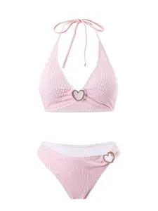 Women's Heart Decor Bikini Set, Solid Color Tie Shoulder Bikini Top & Swim Knicker, Fashion Chic Ladies Bathing Suit for Beach Holiday Vacation, Bikini Swimsuit Set, Swimsuit Style Bikini