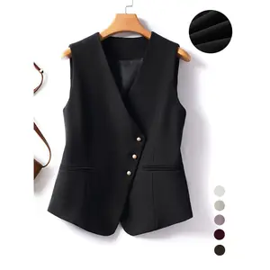 Women's solid color asymmetric button front vest jacket, elegant V-neck sleeveless jacket, spring and autumn women's clothing, suitable for work, office and business wearRAIMENTRY
