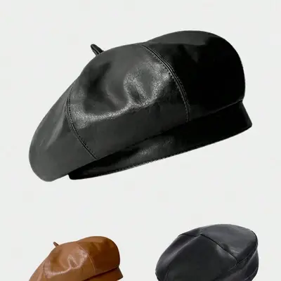 Pumpkin Cap Vintage PU Leather Beret For Women - Soft French  display picture 2