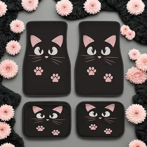 4pcs Anti-Slip Car Floor Mats, Cute Cartoon Cat Print Carpet, Suitable for Most Cars, Sedans, Suvs, Trucks, Front and Rear Seats