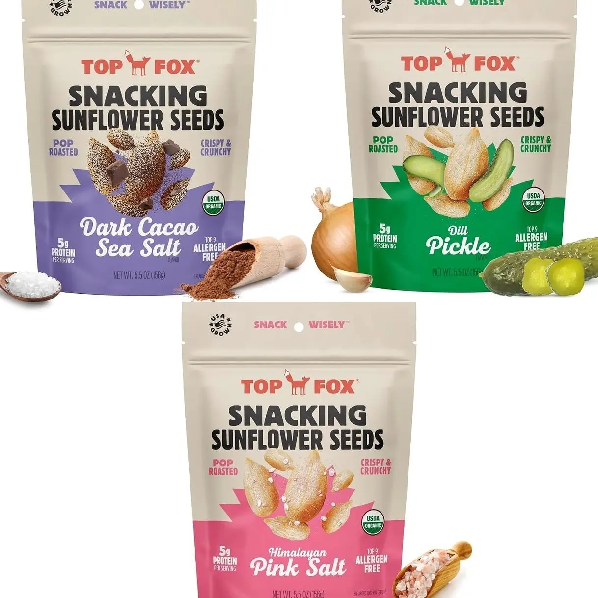 Top Fox Snacks Sunflower Seeds To Eat (Himalayan Salt, Dark Cacao Salt & Sea Salt, Dill Pickle Variety, 5.5 oz, Pack of 6) – Keto Friendly Snacks, Gluten Free Snacks, Protein Snacks, & Vegan - Organic