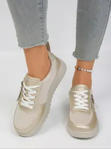 New Women's Champagne Gold Panel Shoes, Thick Sole Lightweight Casual Shoes, Side Zip Design, Spring Commuter Shoes, Luxurious Shopping Date Shoes