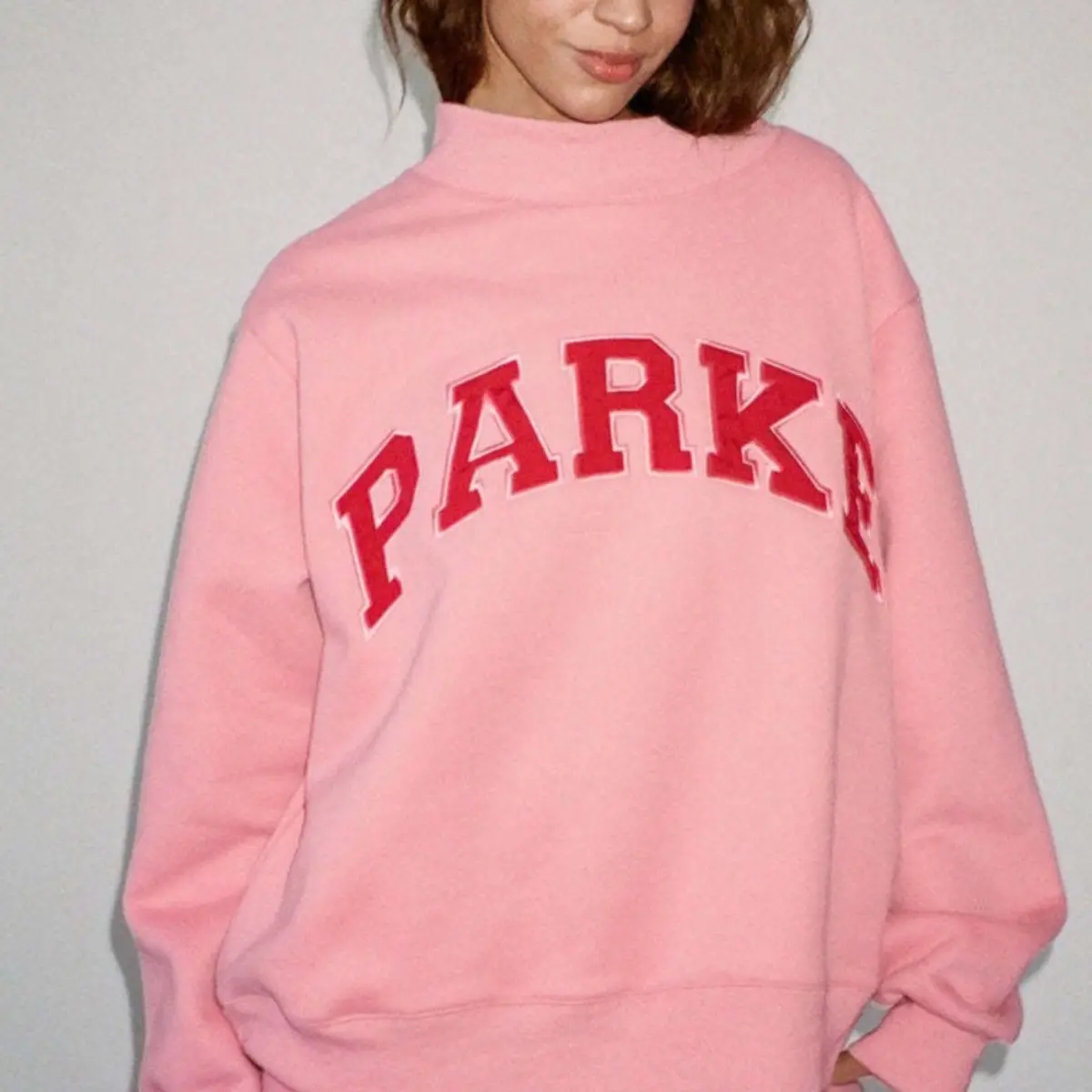 Half‑High Collar Pullover Sweatshirt, PAREK Letter Embroidery Long‑Sleeve Loose Fit Polyester Crew Neck Top, Casual No‑Hood Daily Wear Sweatshirt