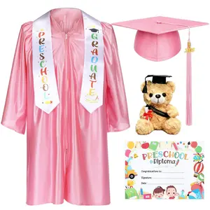 Kindergarten Graduation Gown Cap With Little Bear Gift, Kindergarten Graduation Cap and Gown Set, 2026 Congrats Grad Outfit with Tassel & Certificate for Kindergarten, Kindergarten Graduation Cap and Gown Set (Red)