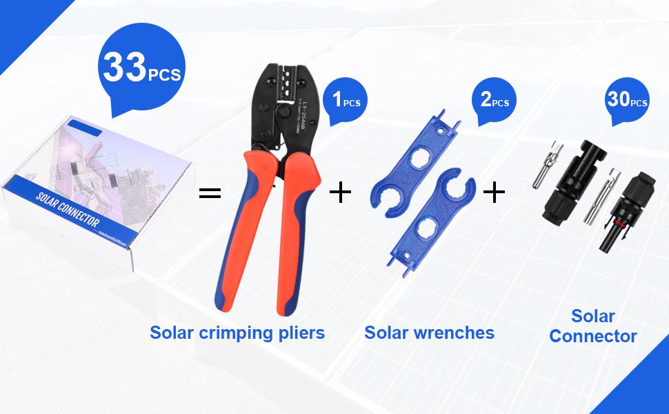 All-in-One Solar Connectors Assembly Kit, 63PCS Complete Set with 30 Pairs Male/Female PV Connectors, 30 Pairs Metal Terminals, 1 Professional Crimping Tool & 2 Multifunctional Wrenches, for 2.5/4mm² PV Cable, RV, Boat & DIY Solar Installation