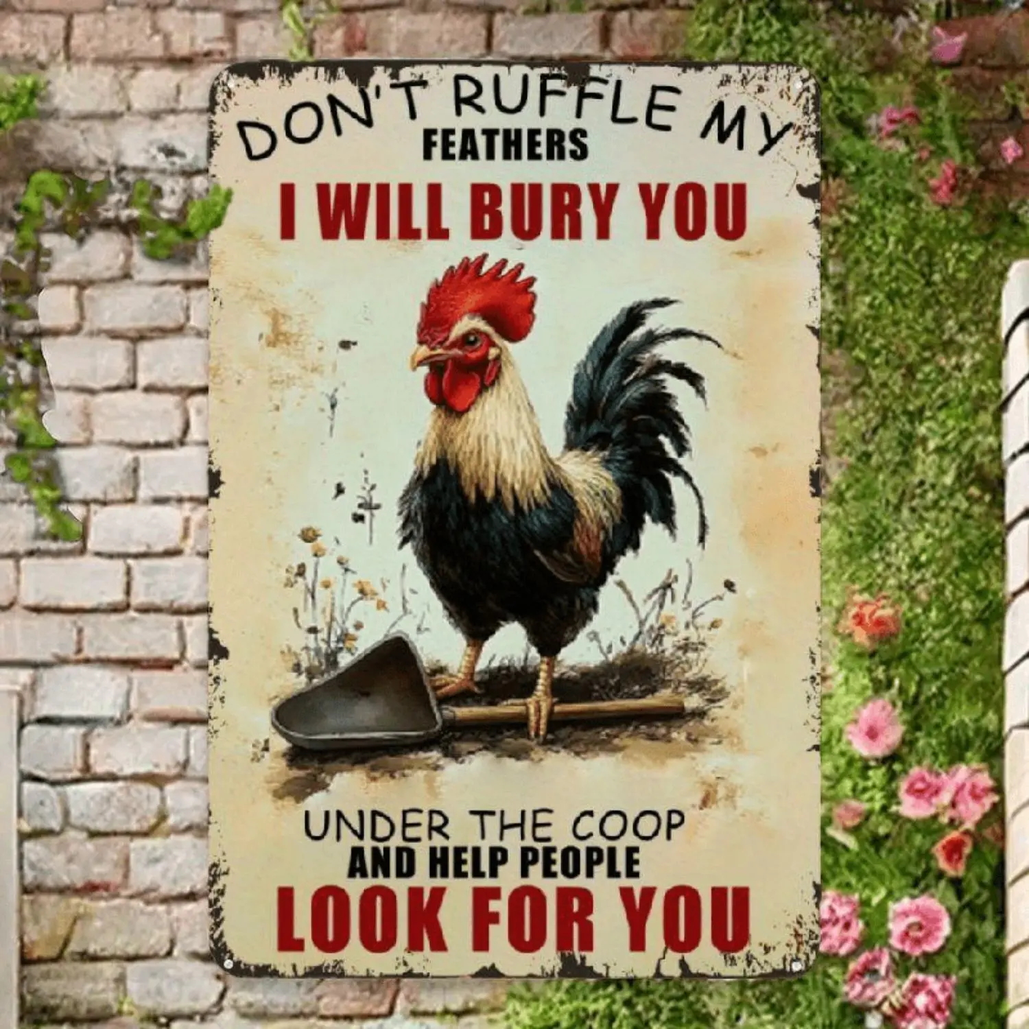 Funny Rooster Metal Wall Art "Don'T Mess with Me" - Vintage Farmhouse Chicken Wooden Decor, with Rustic Rooster And Hen Design, Wooden Outdoor/Hanging Sign, Suitable for Home, Kitchen, Man Cave, Bar